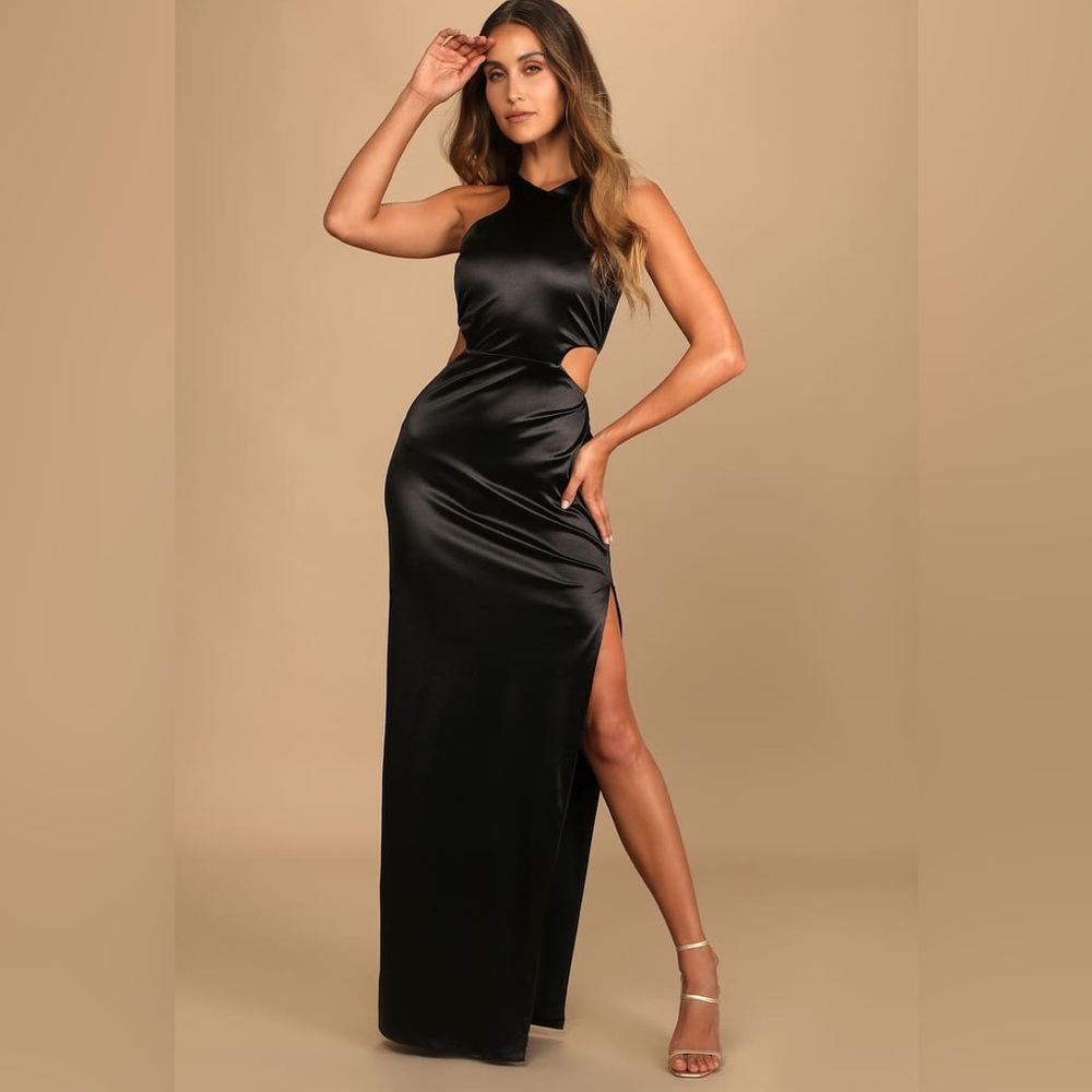 Black Satin Halter Cutout Dress
